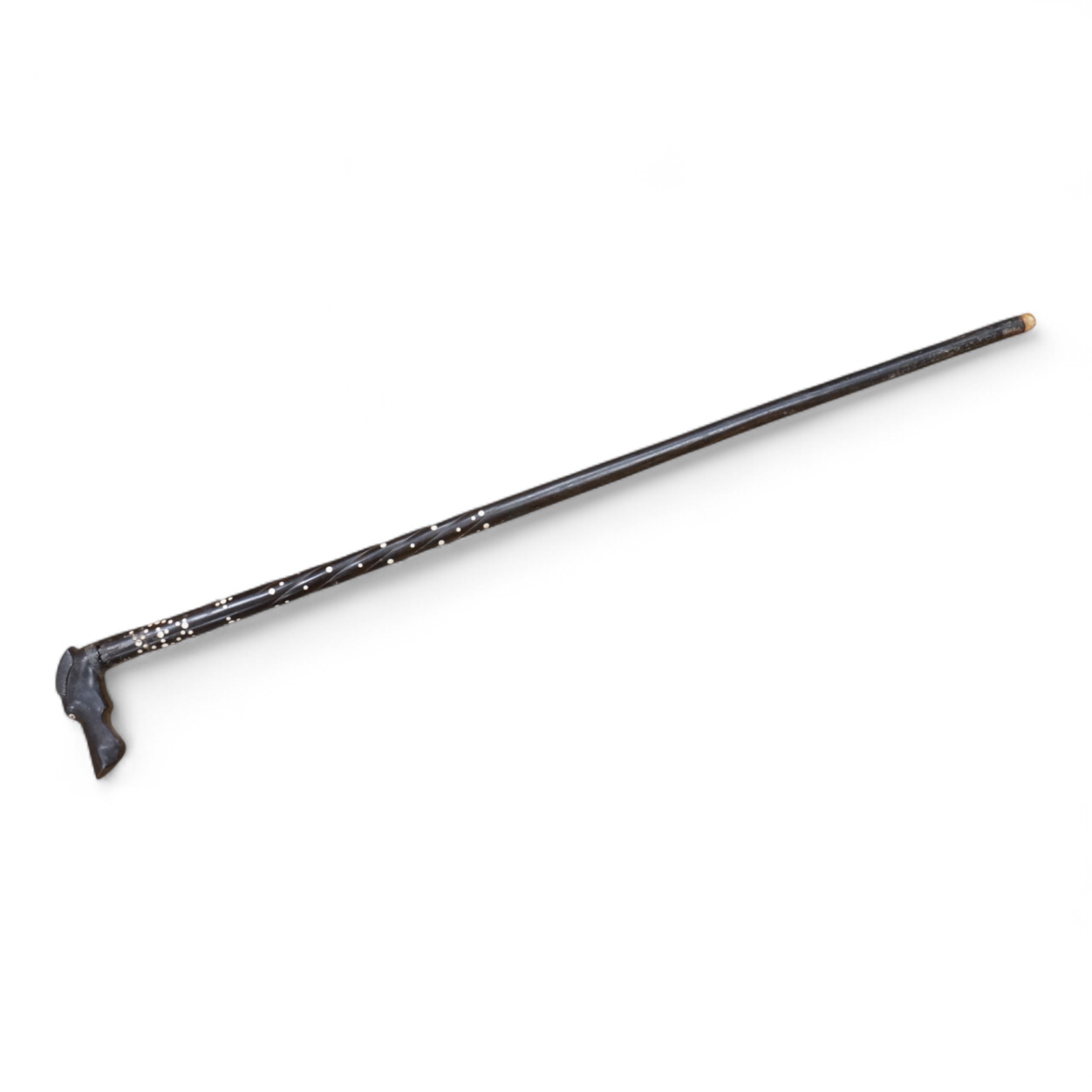 An ebony walking stick with bone inlay, the handle in the form of a dog's head, 88cm in length
